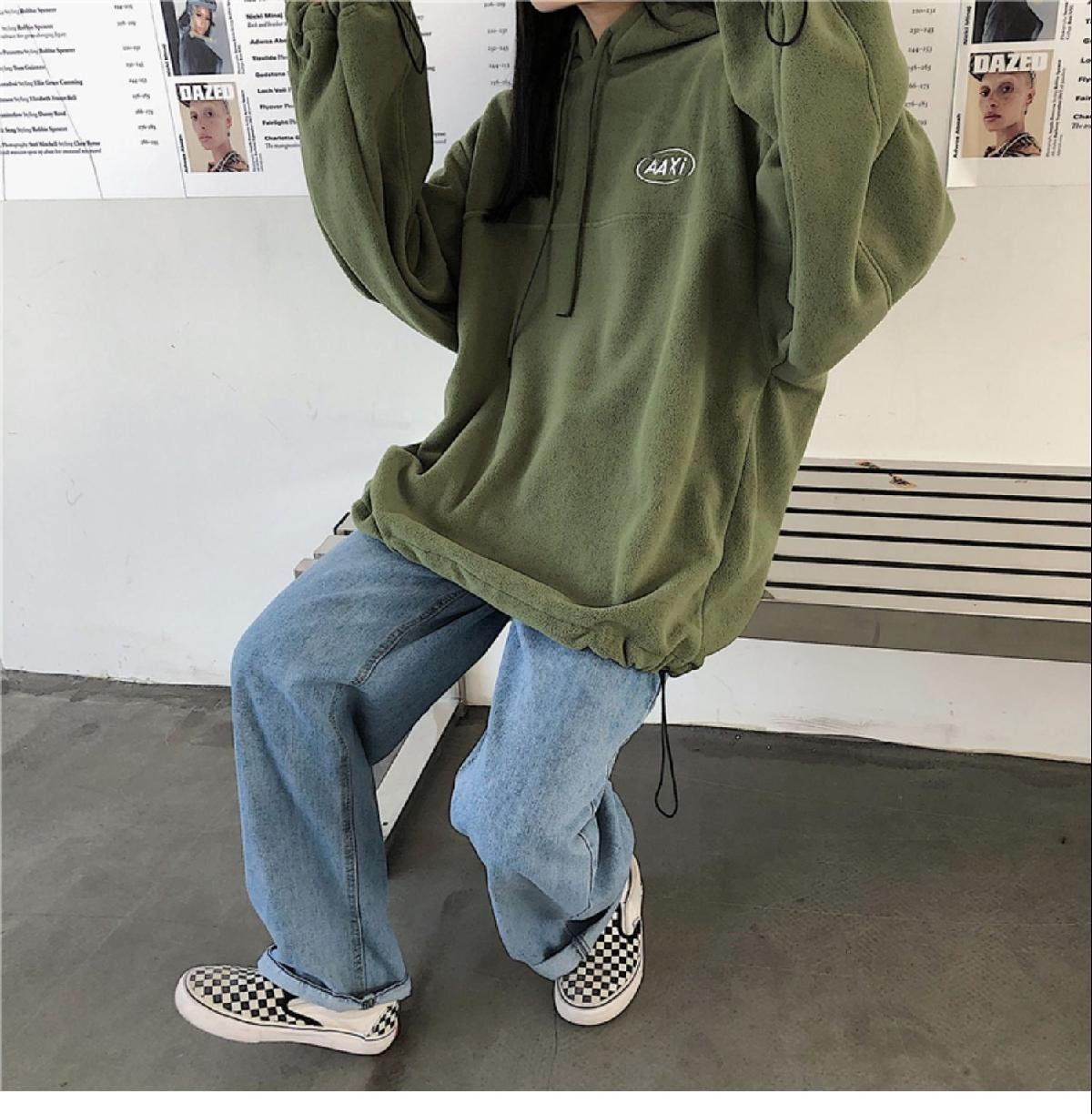 Harajuku Fleece Women Hoodies Oversized Streetwear Vintage Korean Fashion Female Black Sweatshirts Y2k Green Pullovers