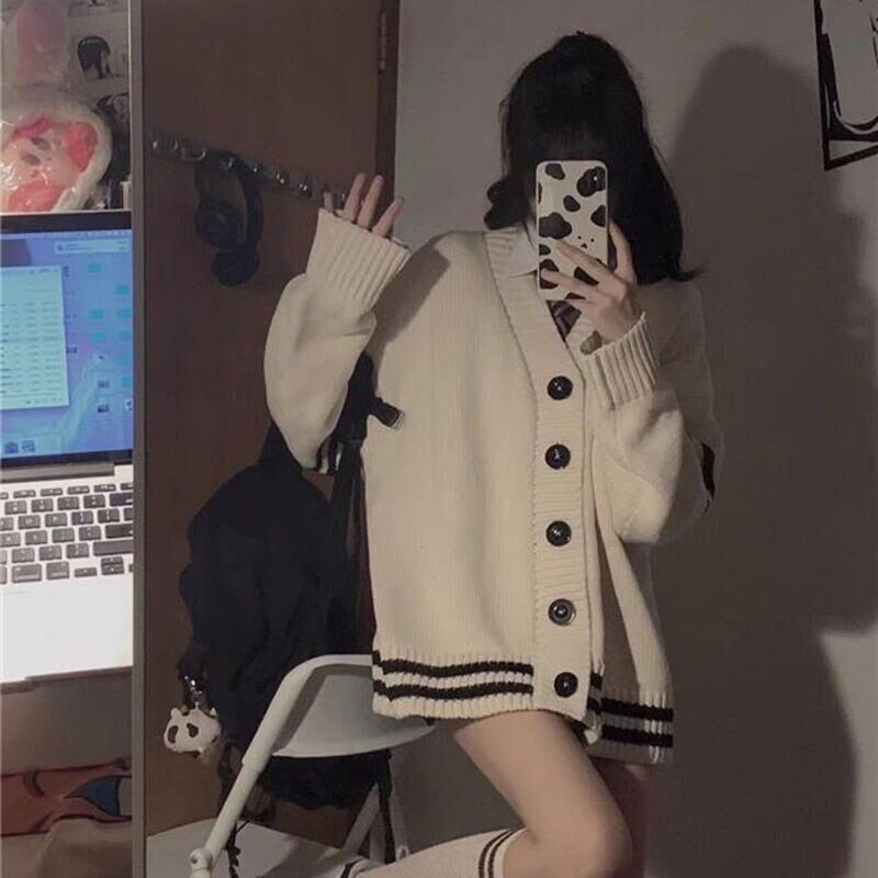 Harajuku Loose Knitted Cardigan Women Lovely College Style Patchwork Sweater Girl Soft Kawaii Simple V Neck Knit Coats