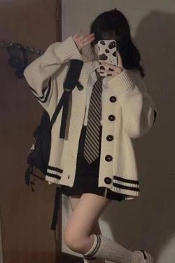Harajuku Loose Knitted Cardigan Women Lovely College Style Patchwork Sweater Girl Soft Kawaii Simple V Neck Knit Coats