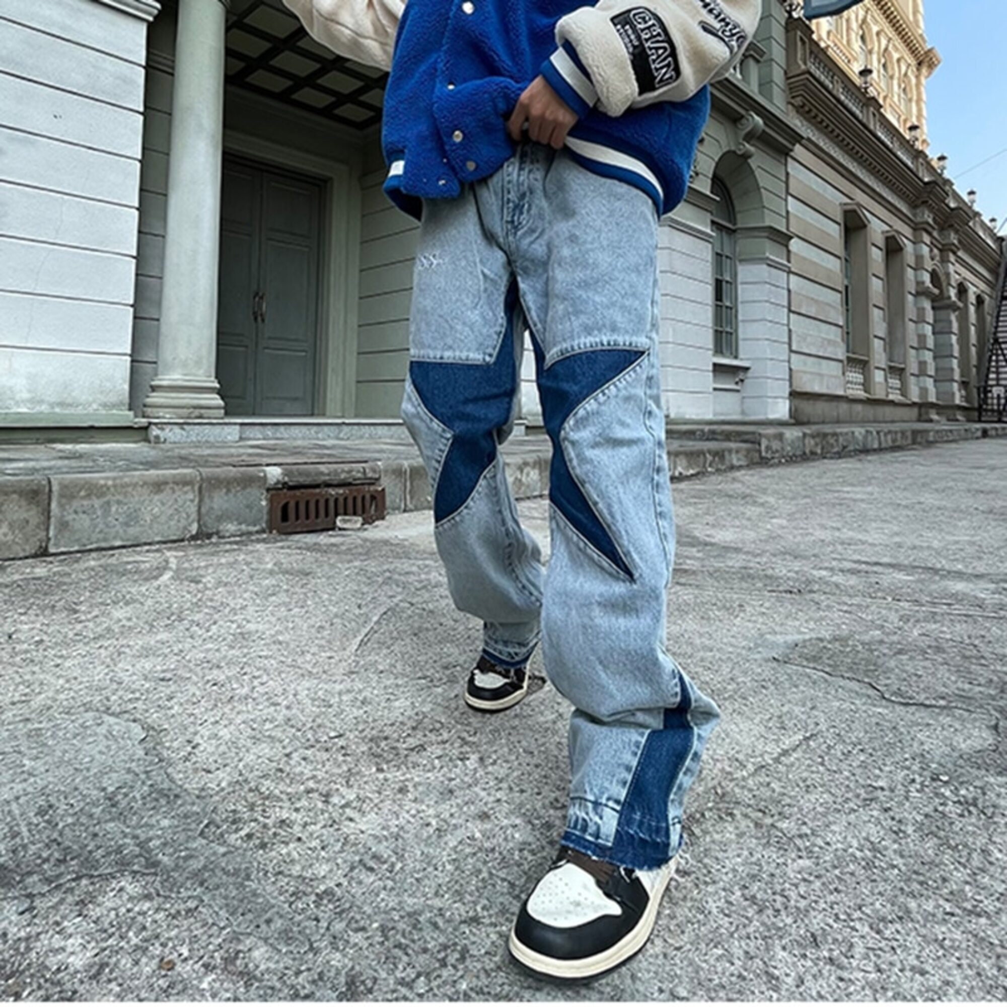 Harajuku Stars Letter Embroidery Patchwork Straight Flare Jeans Pants Mens Retro Ripped Oversized Casual Denim Trousers