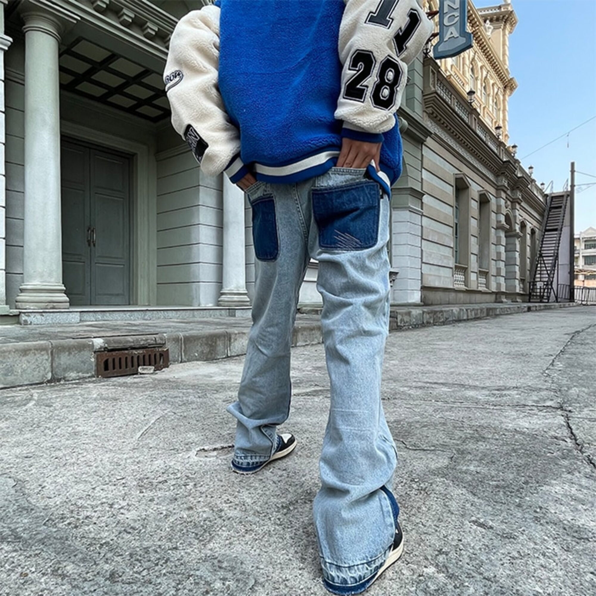 Harajuku Stars Letter Embroidery Patchwork Straight Flare Jeans Pants Mens Retro Ripped Oversized Casual Denim Trousers