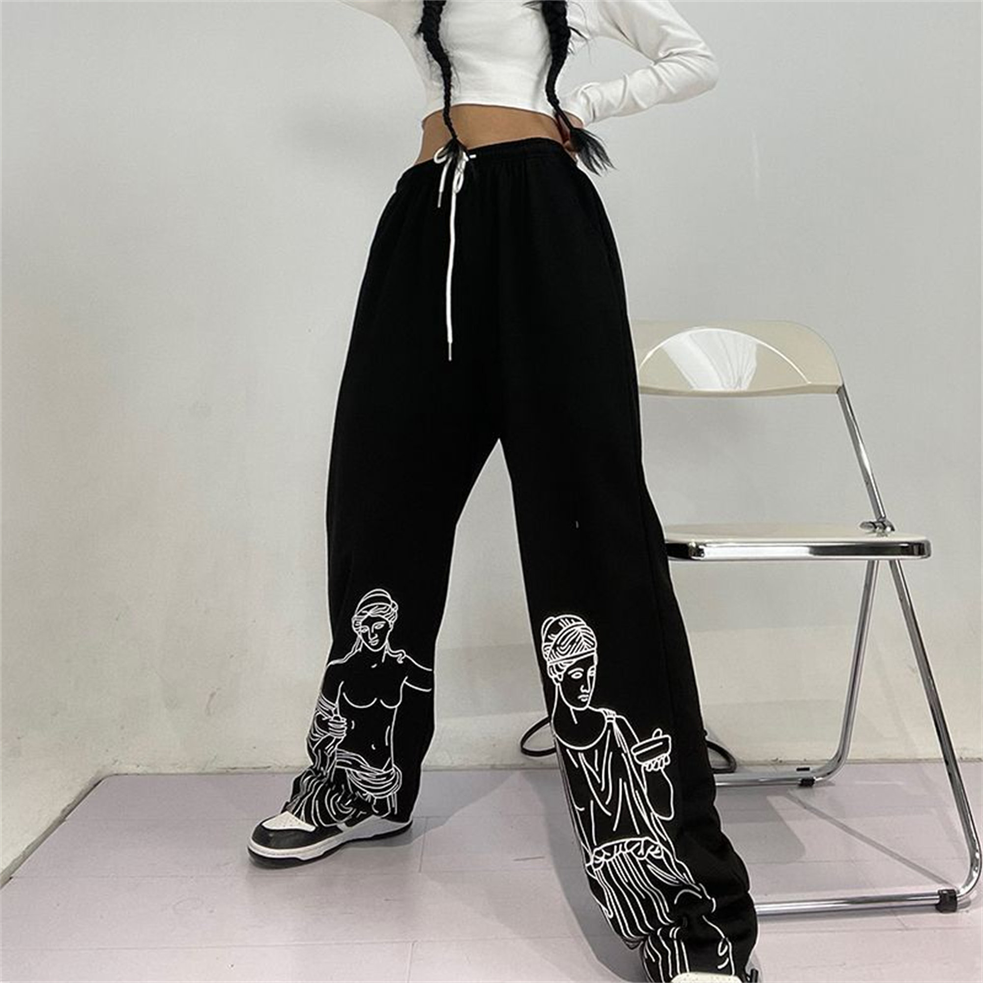 Harujuku Street Straight Pants Hip Hop Jazz Dance Clothes Casual Sports Pants Striped Printed Black High Waist Black Pants Gothic Clothing