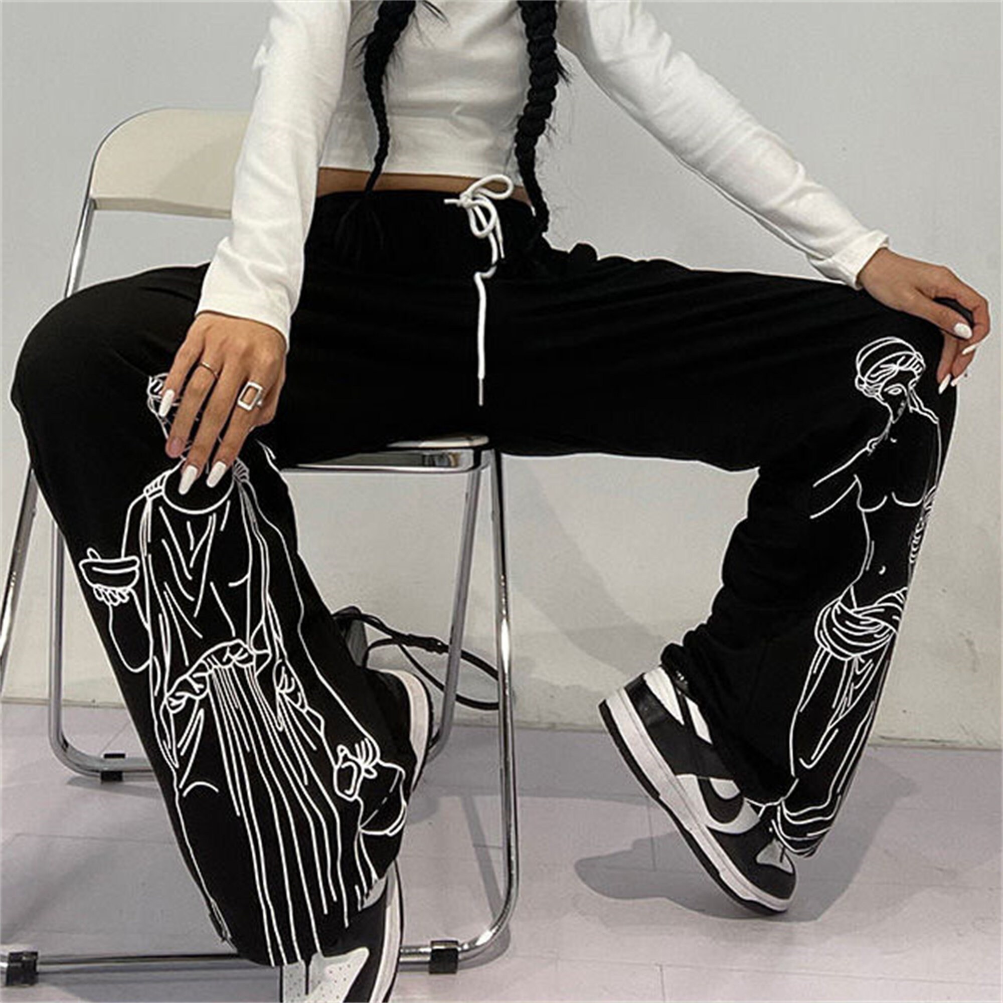 Harujuku Street Straight Pants Hip Hop Jazz Dance Clothes Casual Sports Pants Striped Printed Black High Waist Black Pants Gothic Clothing