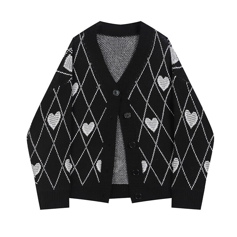 Heart Cardigan Cardigan Knitted Autumn Vintage Knitted Sweatshirt Black Argyle Cardigan Korean Style Loose Black Casual V Neck Sweater