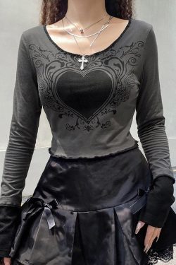 Heart Print Cropped Top Women Crop Top Dark Academia T Shirt Women T Shirt Gothic Clothing Women's Clothing