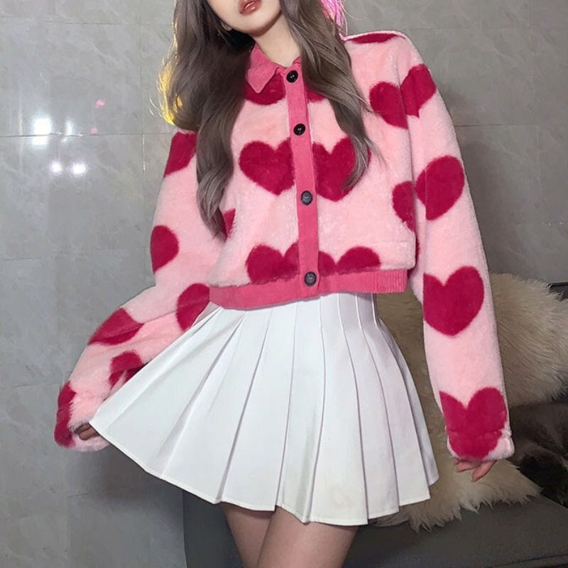 Heart Print Fluffy Cardigan Korean Fashion Harajuku Kawaii Clothing Streetwear Y2k Clothing 2000s Aesthetic