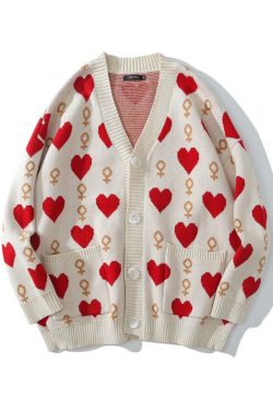 Heart Shaped Cardigan Oversized Knitted Sweater Casual Pullover Jumper Harajuku V Neck Cardigan Streetwear