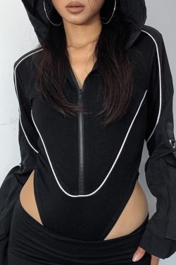 High Cut Zip Up Hooded Bodysuit With Long Sleeve In Black