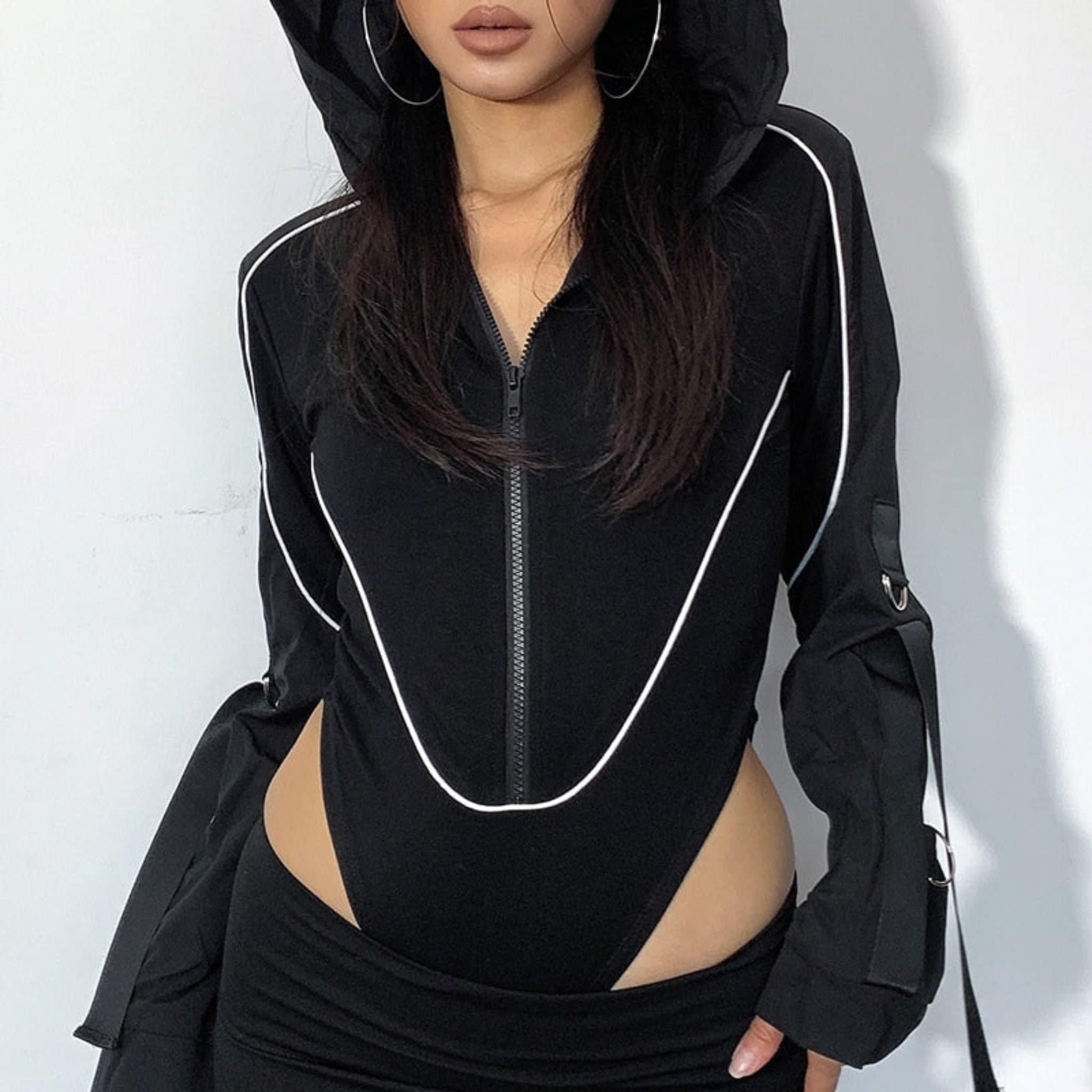High Cut Zip Up Hooded Bodysuit With Long Sleeve In Black