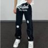 High Street Letter Embroidered Fried Street Pants Hip Hop Retro Loose Mens Denim Trousers Straight Streetwear Casual Jeans Pants