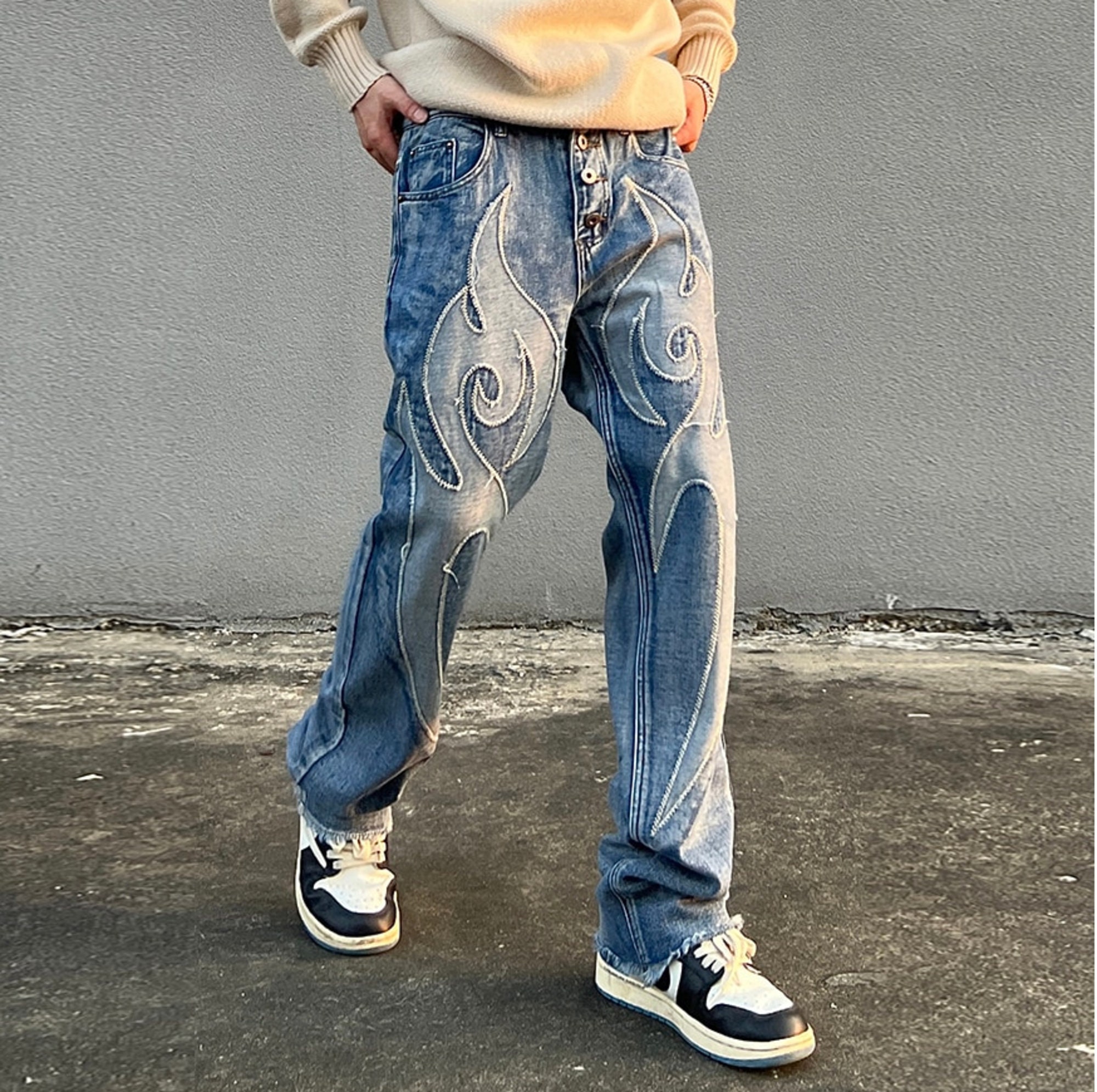 High Street Solid Color Patchwork Skulls Embroidery Casual Denim Pants Men And Women Elastic Waist Baggy Jeans Trousers