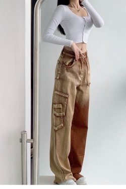 High Waist Brown Womens Loose Tooling Jeans Winter Fashion Y2k Straight Leg Denim Trousers Retro Loose High Waist Mom Jeans