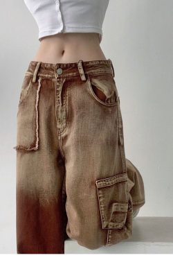 High Waist Brown Womens Loose Tooling Jeans Winter Fashion Y2k Straight Leg Denim Trousers Retro Loose High Waist Mom Jeans