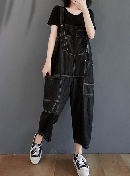 High Waist Thin Section Plus Size Denim Overalls Nine Points Loose Straight Jeans Plus Size Overalls Overalls Retro Wide Leg Jumpsuit