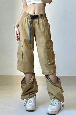 High Waisted Khaki Cargo Sweatpants Streetwear Techwear Rave Grunge Harajuku