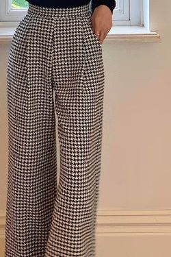 High Waisted Pants Winter Straight Leg Pants Houndstooth Pants Plaid Trousers Elegant Office Lady Pants Women Clothing
