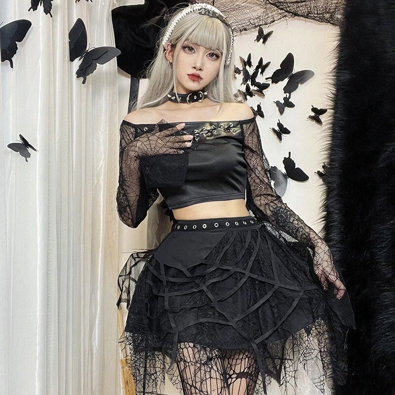 High Waisted Spider Web Mini Tassel Skirt Streetwear Gothic Punkwear Harajuku Grunge