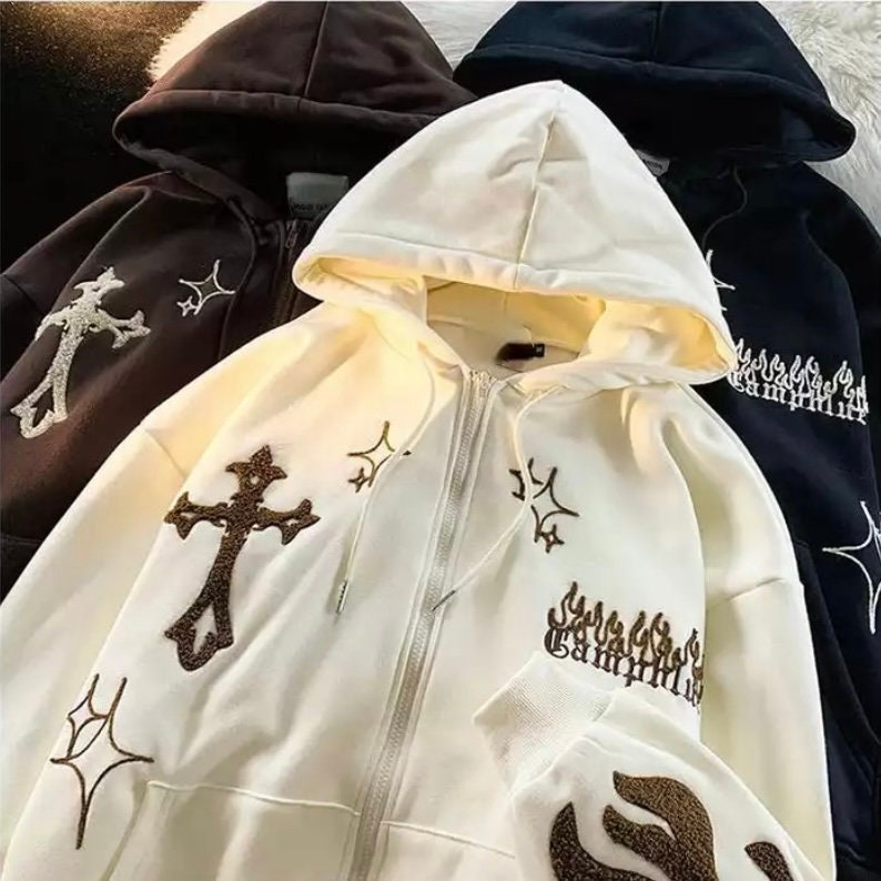 Hip Hop Flame Embroidered Harajuku Cross Hoodie Y2k Zip Up Sweatshirt Grunge Streetwear Jacket Basic Y2k Pullover Unisex Sweater
