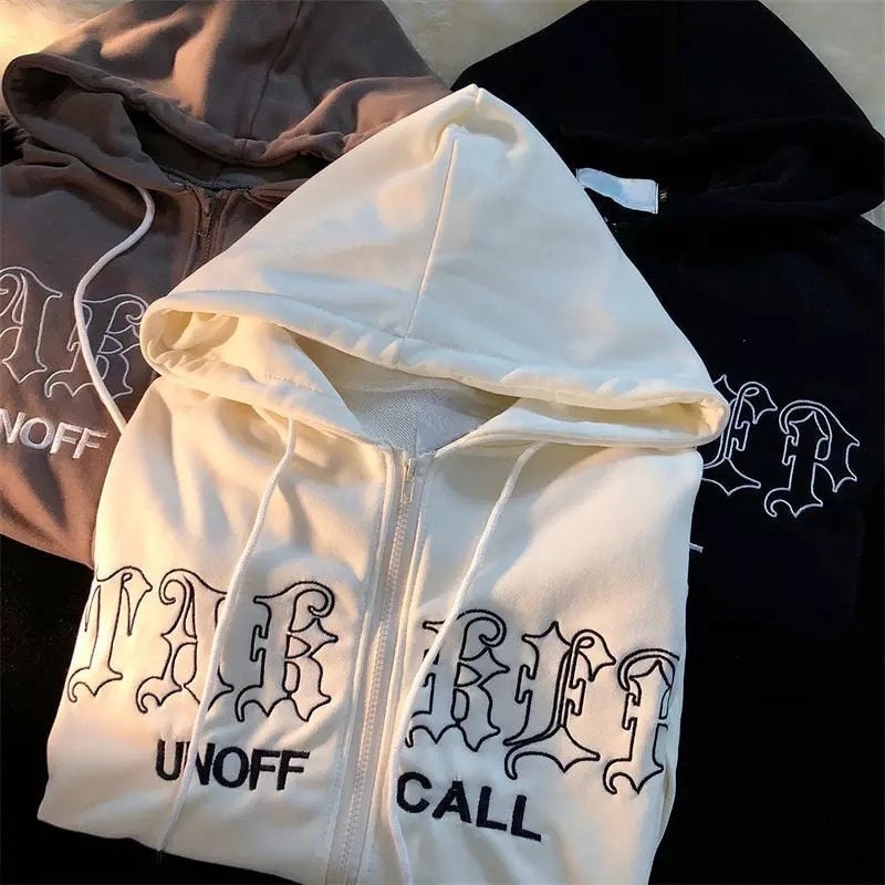 Hip Hop Letter Embroidery Harajuku Hoodie Y2k Retro Zip Up Sweatshirt Grunge Streetwear Jacket Basic Y2k Pullover Unisex Sweater