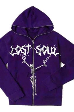 Hip Hop Skeleton Cross Zip Up Hoodie Y2k Gothic Lost Soul Crucifix Jacket Punk Purple Grunge Oversized Harajuku Streetwear Sweatshirt