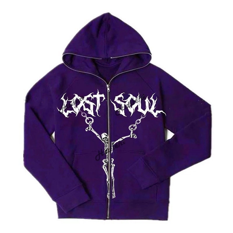 Hip Hop Skeleton Cross Zip Up Hoodie Y2k Gothic Lost Soul Crucifix Jacket Punk Purple Grunge Oversized Harajuku Streetwear Sweatshirt
