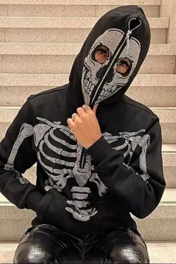 Hip Hop Skull Rhinestone Zip Up Hoodie Y2k Gothic Skeleton Jacket Punk Basic Y2k Harajuku Unisex Streetwear Sweatshirt Grunge Oversized