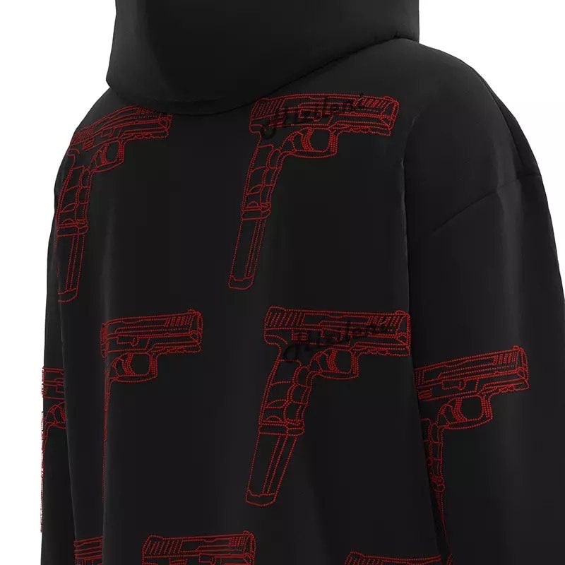 Hip Hop Zip Up Hooded Gun Rhinestone Hoodie Y2k Gun Gothic Tracksuit Basic Black Coat Harajuku Unisex Sweater Streetwear Sportswear