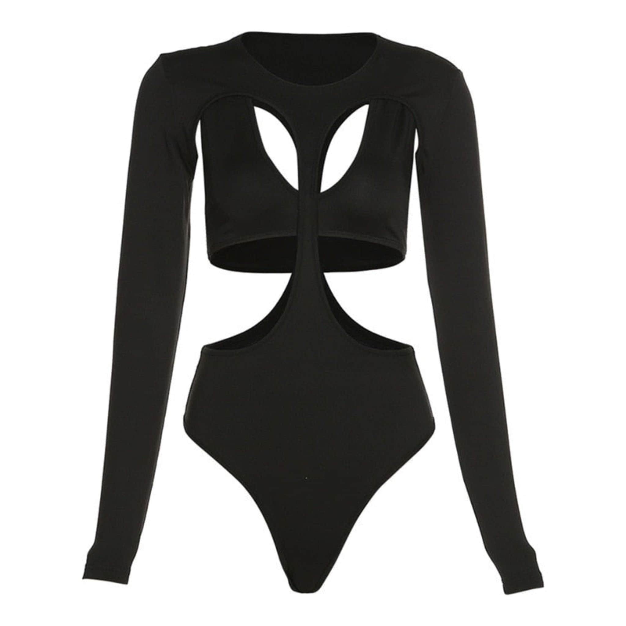 Hollow Out Bandage Bodysuit With Long Sleeve In Black