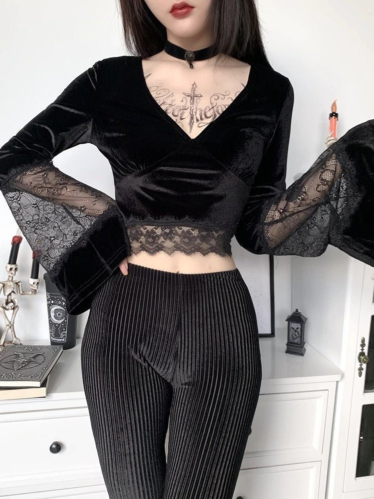 Hollow Out Lace Flare Sleeve Black Crop Top Streetwear Gothicwear Punkwear Grunge Ravewear