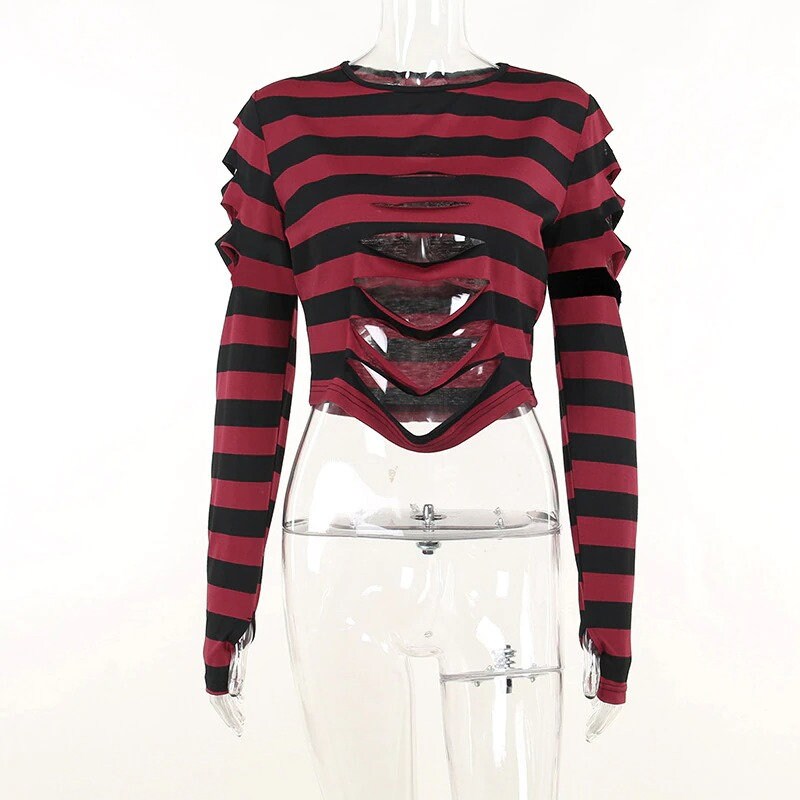 Hollow Out Striped Crop Top Streetwear Gothicwear Punkwear Harajuku