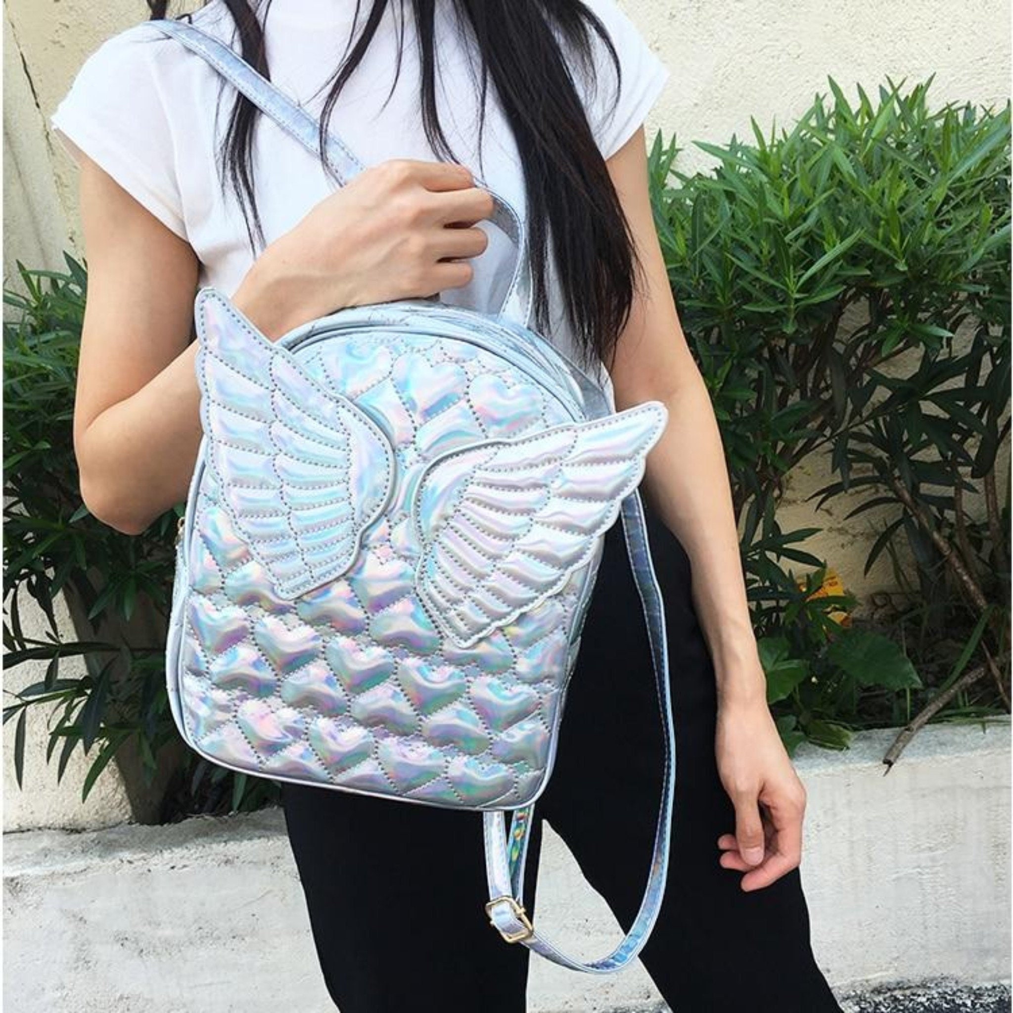 Holographic Heart Embossed Angel Mini Backpack With Wings