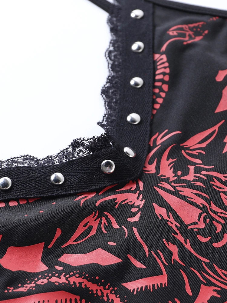 Horor Printed Red Bodysuit & Sexy V Neck Rivet Jumpsuit Gothic Bodysuit Punk Clothes Grunge Egirl