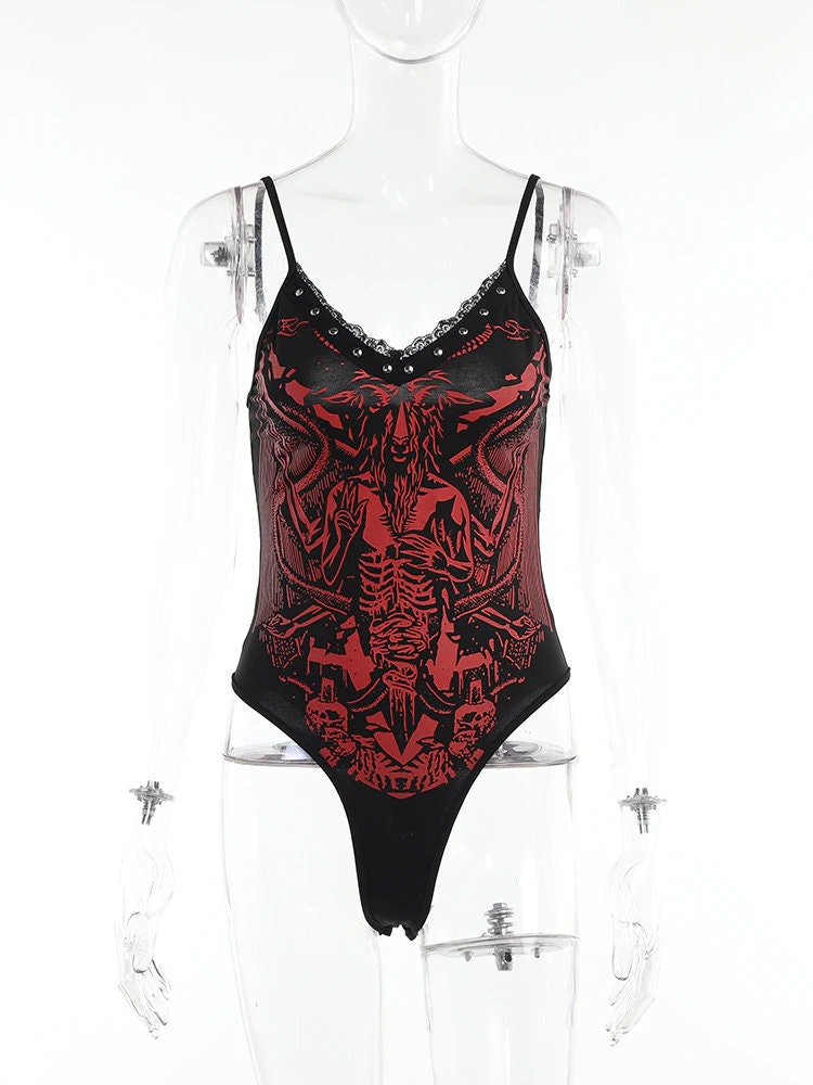 Horor Printed Red Bodysuit & Sexy V Neck Rivet Jumpsuit Gothic Bodysuit Punk Clothes Grunge Egirl