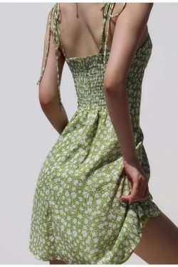 Hot Vintage Milkmaid Green Lime Floral Mini Dress Y2k Clothing Korean Fashion French Retro Summer 50s 60s 70s 80s 90s 00s Harajuku