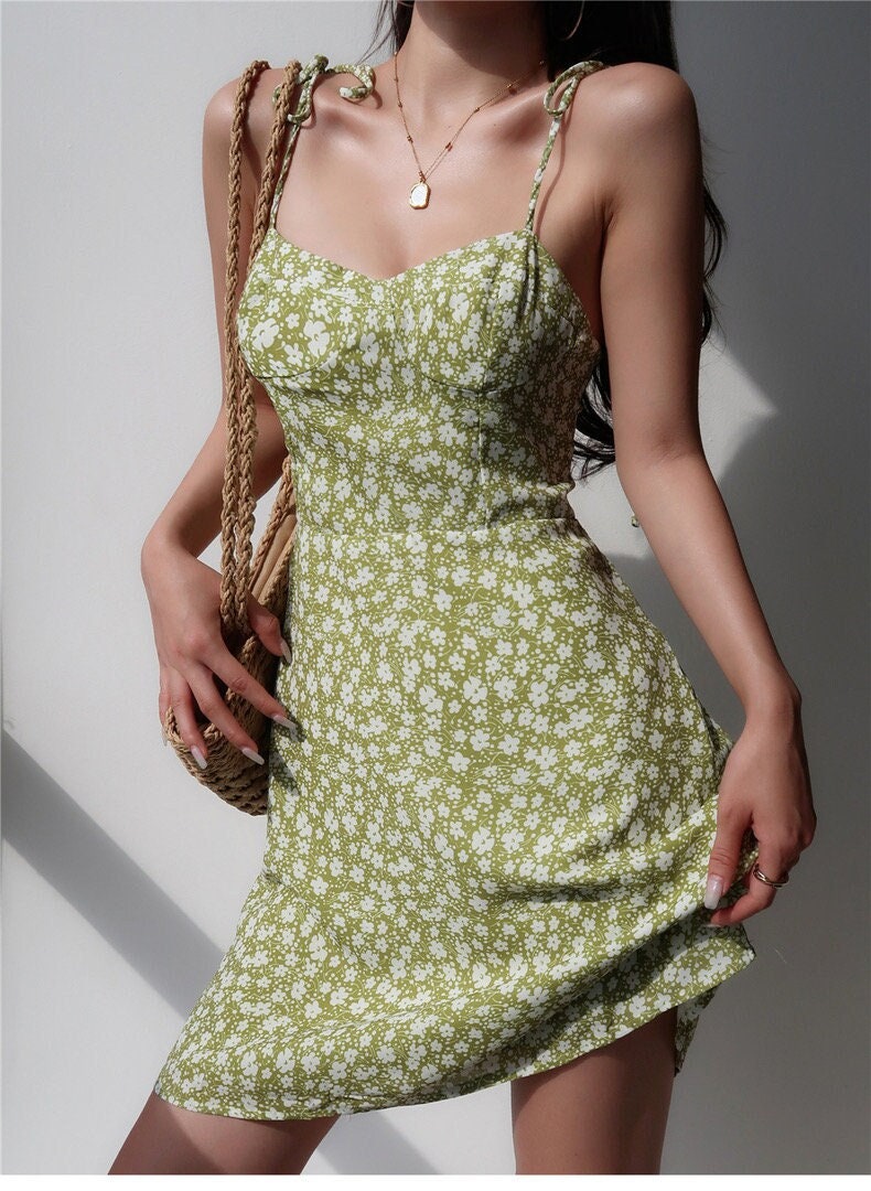Hot Vintage Milkmaid Green Lime Floral Mini Dress Y2k Clothing Korean Fashion French Retro Summer 50s 60s 70s 80s 90s 00s Harajuku