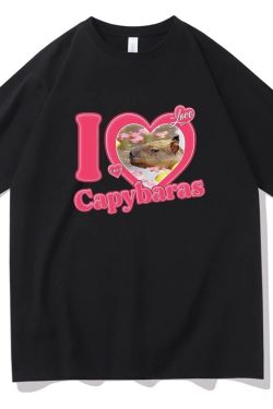 I Love Capybaras Print Casual Loose T Shirts Crew Neck Funny Tshirt