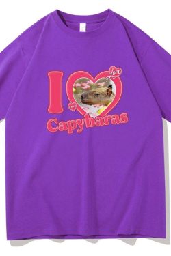 I Love Capybaras Print Casual Loose T Shirts Crew Neck Funny Tshirt