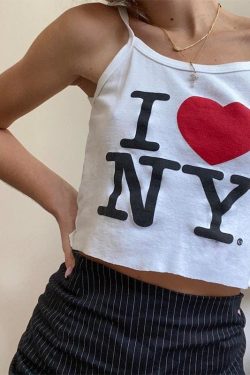 I Love Ny White Tank Top Y2k Camisole Letter Print Vest Summer Women's White Top Backless Slim Sleeveless Camisole Cropped Top Y2k