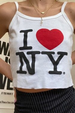 I Love Ny White Tank Top Y2k Camisole Letter Print Vest Summer Women's White Top Backless Slim Sleeveless Camisole Cropped Top Y2k