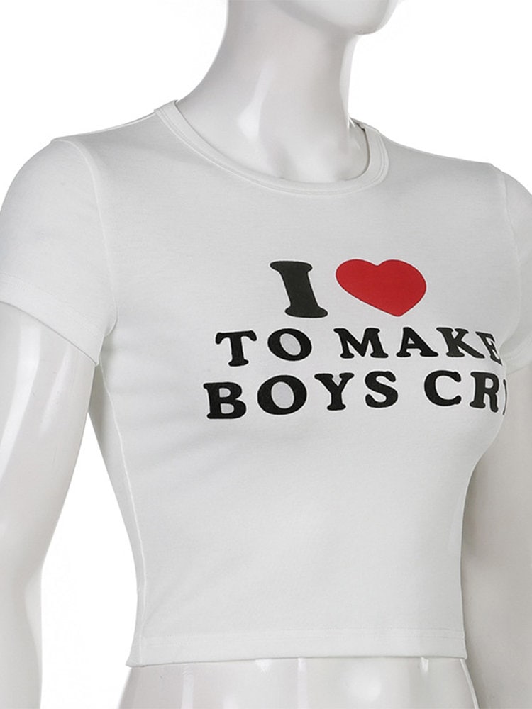 I Love To Make Boys Cry Y2k Fashion Letter Print Tee White Y2k Crop Top Back To School Y2k Tee