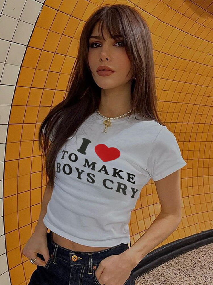 I Love To Make Boys Cry Y2k Fashion Letter Print Tee White Y2k Crop Top Back To School Y2k Tee