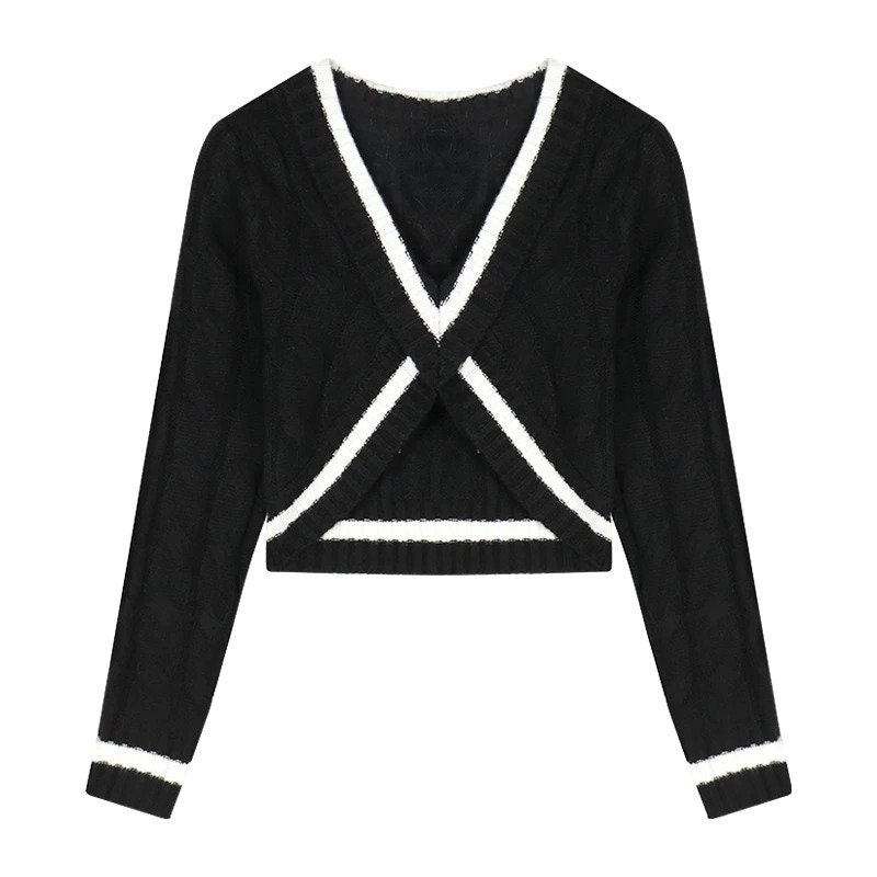 Irregular Cross Striped Sweater Women Autumn Winter V Neck Sexy Slim Crop Pullover Korean Chic Temperament Knit Tops