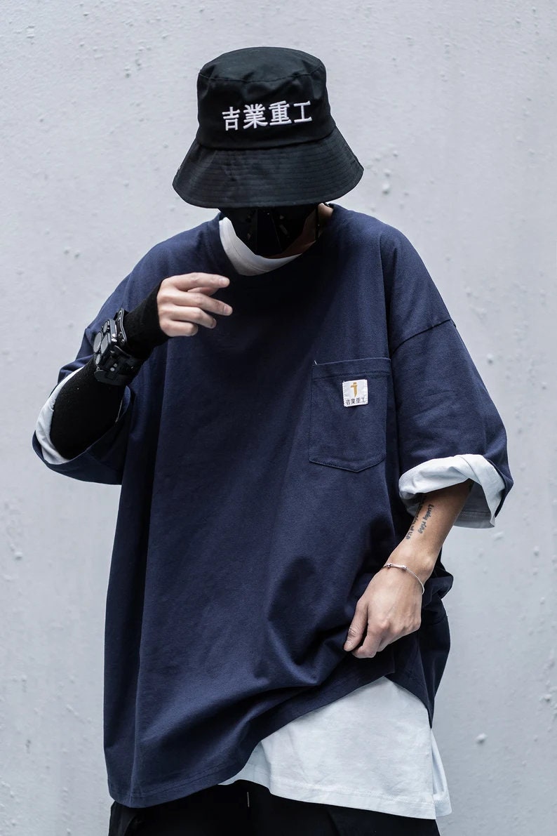 Japanese Kanji Harajuku Relaxed Fit Tee Shirt Streetwear Urban Fashion Short Sleeves Pocket Oversized T Shirt
