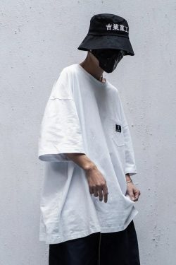 Japanese Kanji Harajuku Relaxed Fit Tee Shirt Streetwear Urban Fashion Short Sleeves Pocket Oversized T Shirt