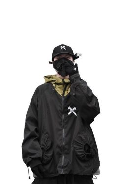 Japanese Streetwear Black Climber Jacket For Men Techwear Fashion Cyberpunk Zip Up Windbreaker