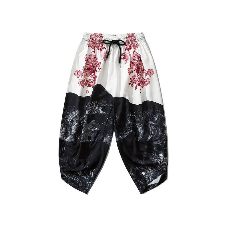 Japanese Streetwear Sakura Print Yukata Pants Harajuku Fashion Lightweight Black Harem Pants