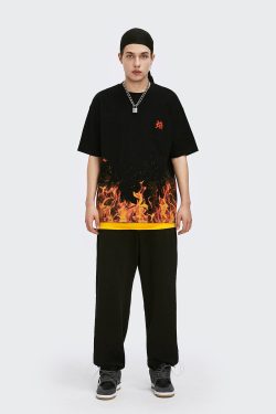 Japanese Streetwear Summer Kanji Tee Shirt Urban Fashion Short Sleeves Fire Flames Graphic T Shirt