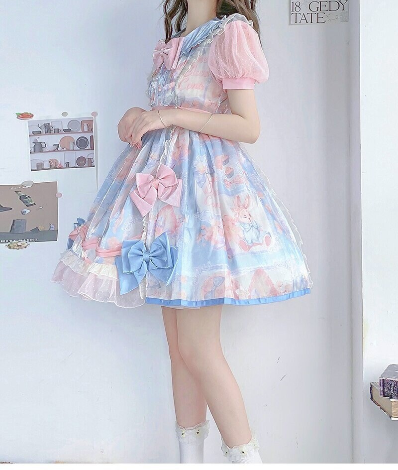 Japanese Sweet Lolita Dress Women Kawaii Lace Peter Pan Collar Bow Cartoon Print Princess Dresses Girls Cute Mini Vestidos