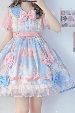 Japanese Sweet Lolita Dress Women Kawaii Lace Peter Pan Collar Bow Cartoon Print Princess Dresses Girls Cute Mini Vestidos