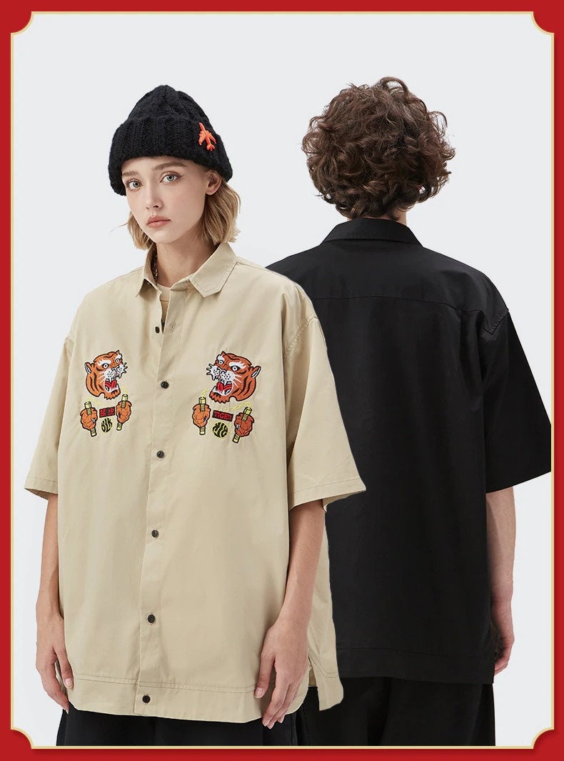 Japanese Tiger Warrior Embroidery Shirts Streetwear Summer Fashion Black Short Sleeve Tee